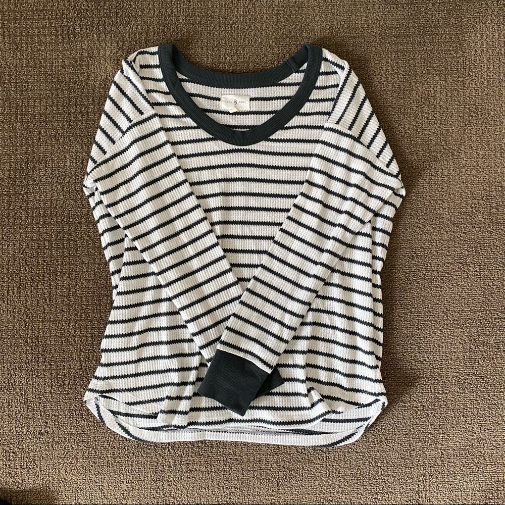 Waffle knit long sleeve thermal in greyish green and white striped.